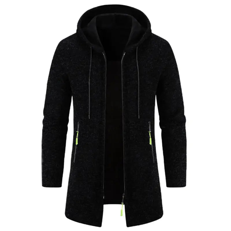 Sudadera con cremallera extragrande para hombre en tejido negro con textura, con tiradores de cremallera verde neón, diseñada para el clima frío.