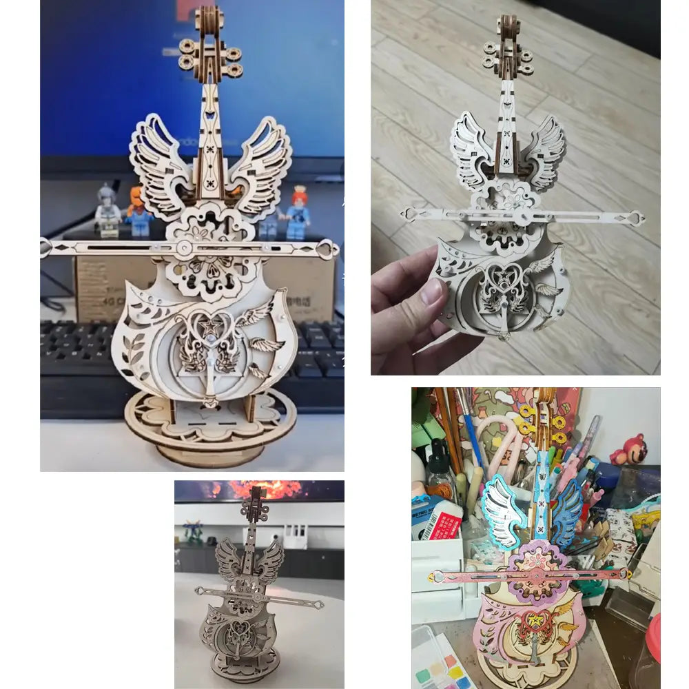 ein Klavier-Musikbox-3D-Holz-Puzzle-Bastelset mit einer kunstvoll gestalteten Violin-Musikbox-Modellvariante mit engelhaften Flügeln und aufwendigen, laser-geschnittenen Holzmustern.