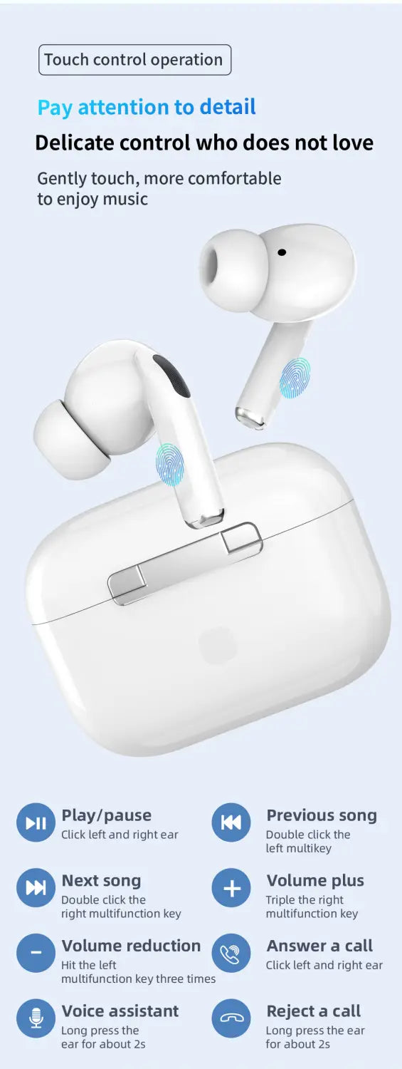 White true wireless bluetooth earphones with soft silicone tips and hifi noise reduction nestled in a matching white charging case with touch controls and tactile buttons.