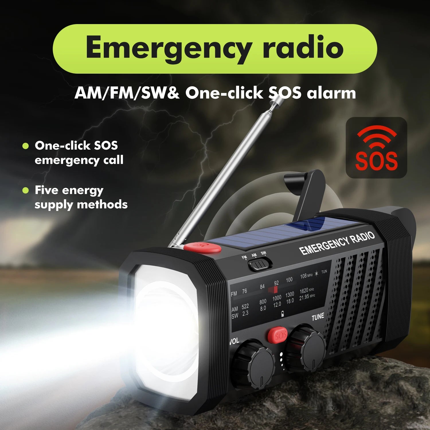 Emergency Radio with SOS Alarm, AM/FM/SW & Flashlight. 2000mAh Battery & Solar/Hand Crank Charging for Outdoor Survival.