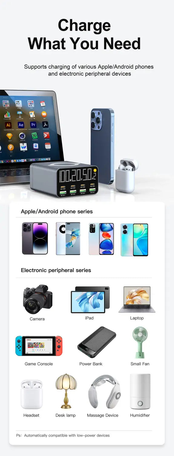 La station de charge USB Type-C 120 W, 8 ports, est un appareil rectangulaire élégant, muni d’un affichage numérique et de plusieurs ports, conçu pour recharger efficacement divers appareils électroniques.