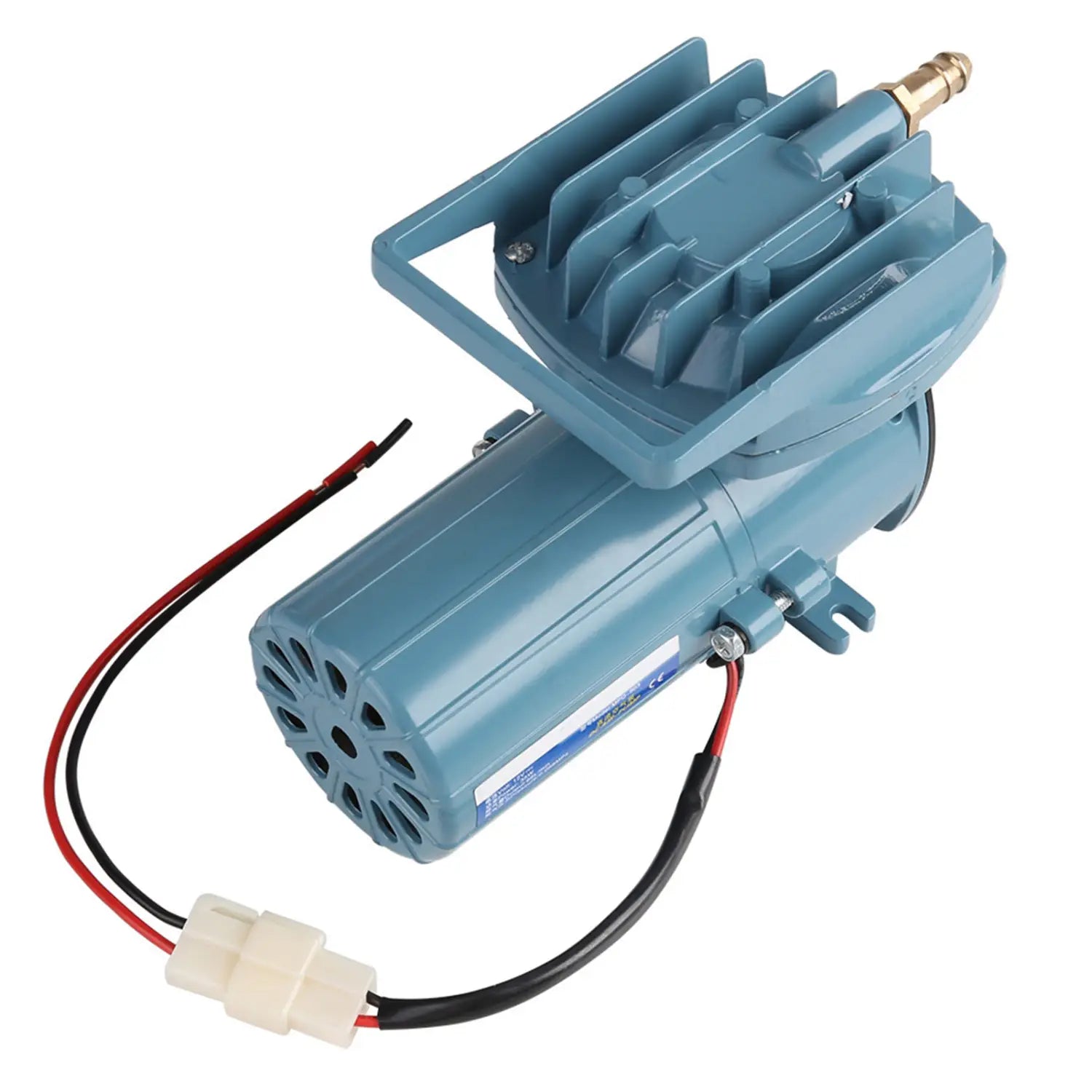 Blue electric 12v 35w air pump with brass fitting and red and black wiring for fish pond and aquarium use.