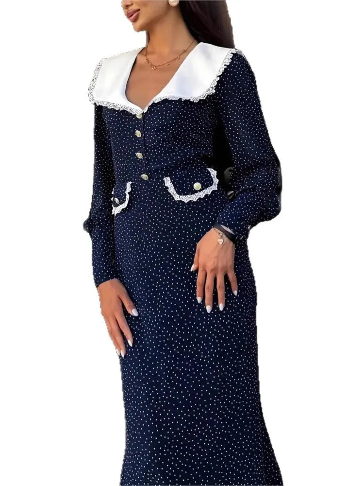 2025 Autumn Winter Dress Women Fall Trend Long Sleeve V-Neck Polka Dot Sexy Elegant Evening Party Skinny Stretch Maxi Bodycon