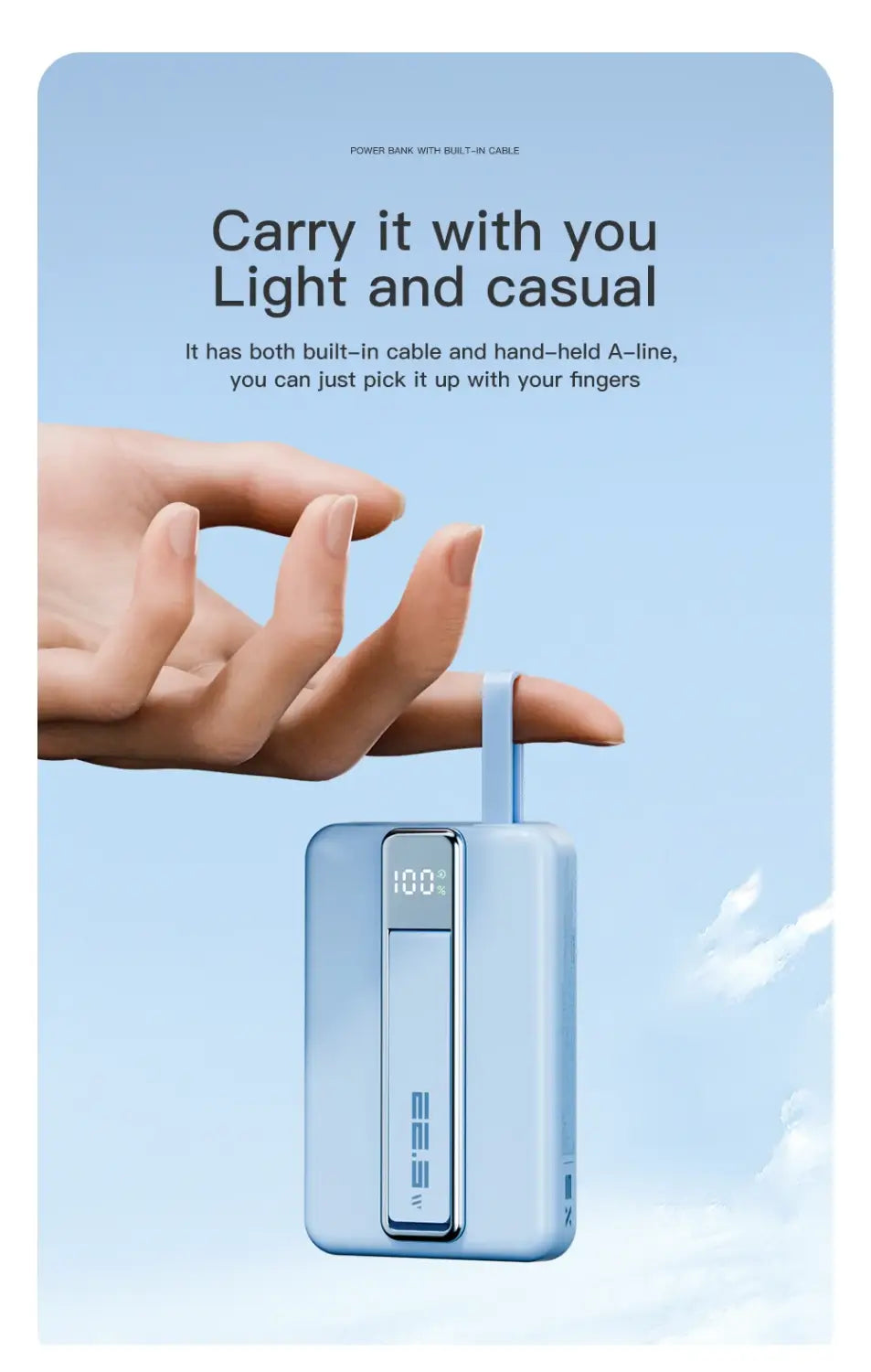 Light blue magnetic power bank 10000mah 20w fast charging with built-in cable and digital display showing 100 percent charge supporting 5v=3a and 9v=2a output.