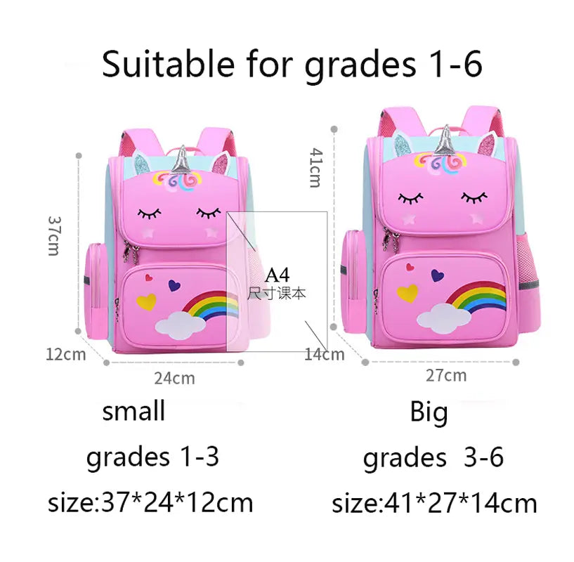 Rosa Einhorn-motivierter Schulrucksack für Mädchen mit Regenbogen- und Wolkendesigns, in kleinen und großen Größen erhältlich