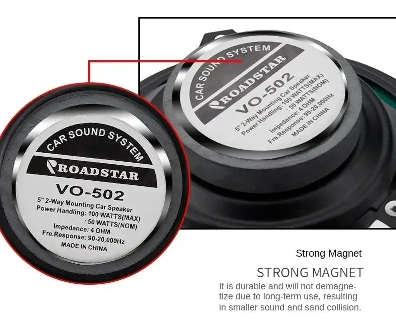 Schwarzer Roadstar VO-502 5-Zoll-Koaxialautolautsprecher mit silbernem Etikett und rotem Rand für die Verwendung in Universal Audio Stereo.