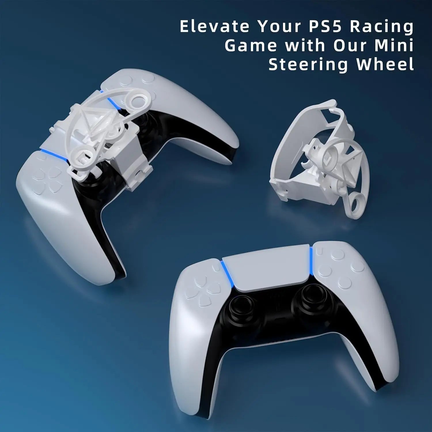 Accesorio de volante de carreras mini para PS5 en blanco y negro con un soporte de montaje de plástico blanco translúcido para mejorar la estabilidad.