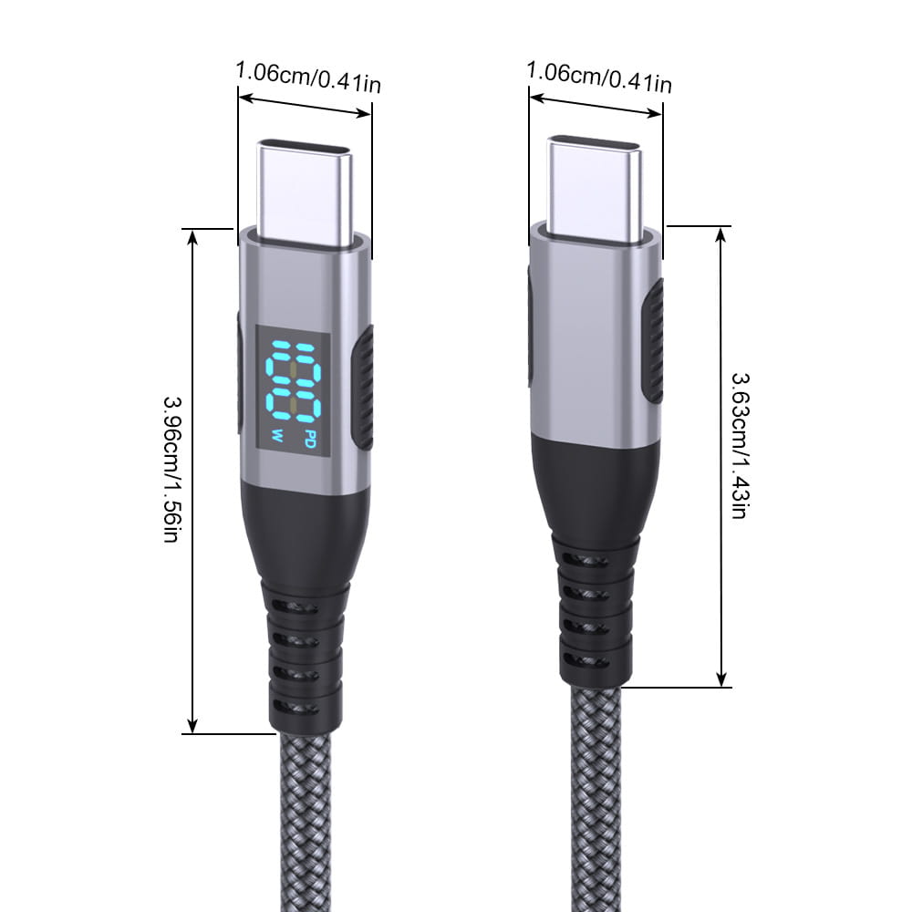 Silver and black led digital display 100w usb c fast charging cable showing power output with data transfer capabilities