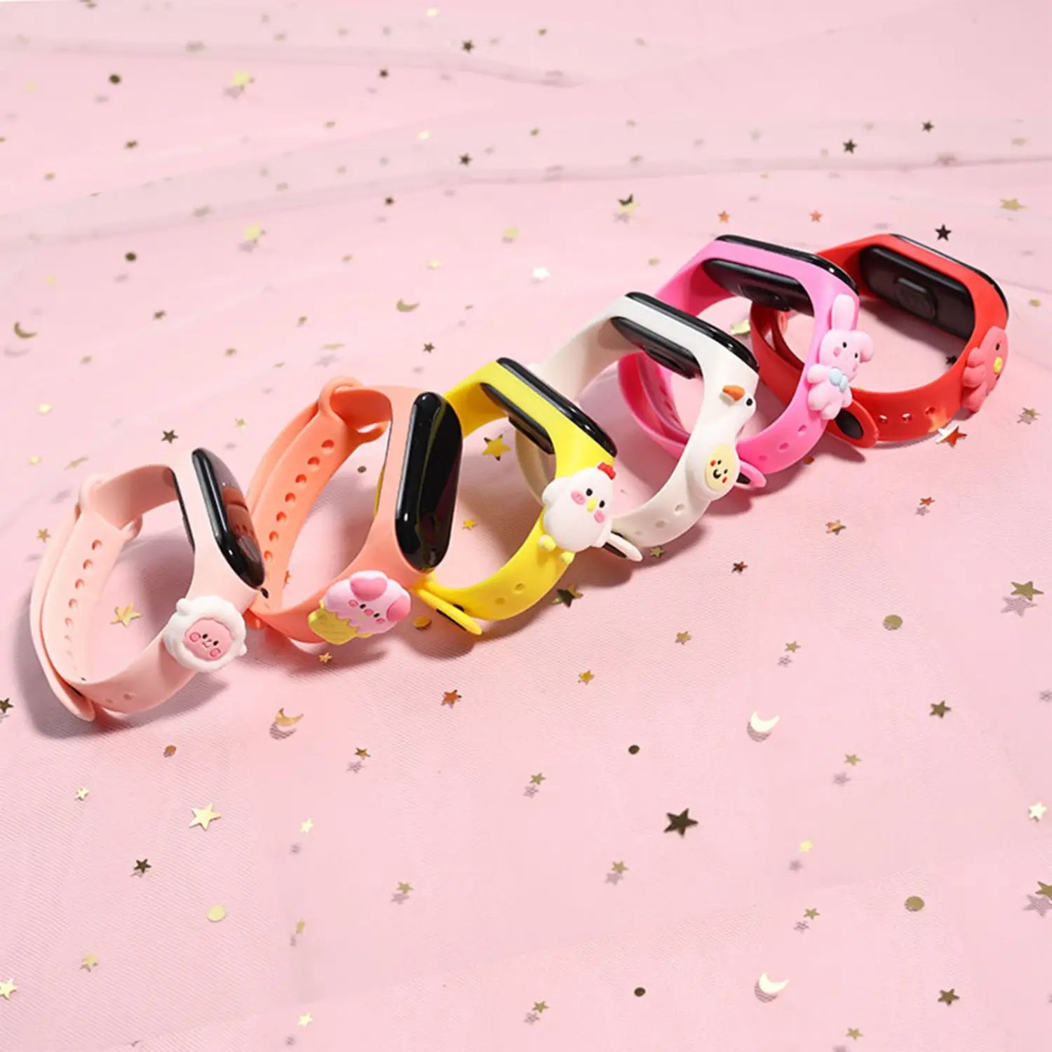 a row of kids silicone digital watch life waterproof bands in vibrant pink orange yellow white and red colors featuring colorful silicone material type and cute cartoon animal charms