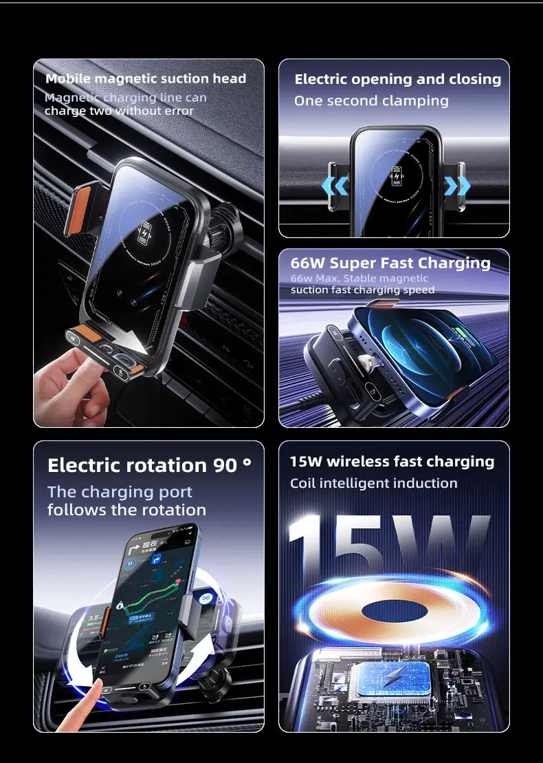 Black magnetic wireless car phone charger mount with 66w super fast charging and 15w wireless fast charging capabilities.