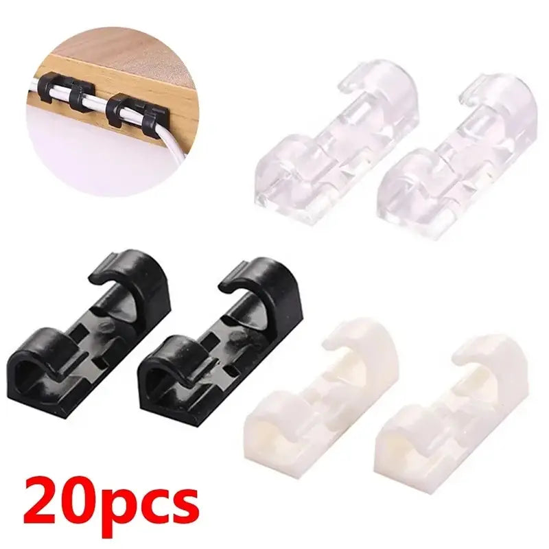 Clear and black plastic cable organizer clips with a hook-shaped design for desktop cord management and wire securing.