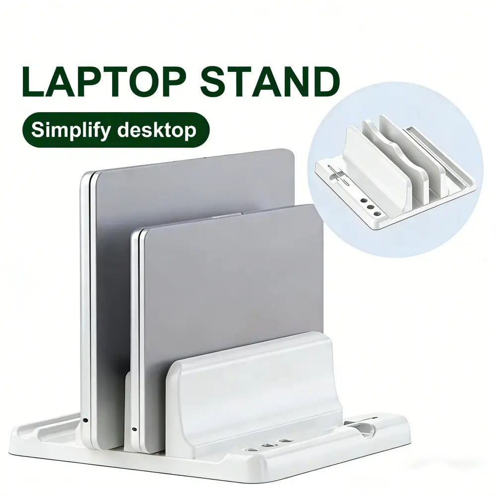 white plastic adjustable width laptop and tablet stand with three slots for organizing multiple devices featuring variable opening size for tablet stand compatibility