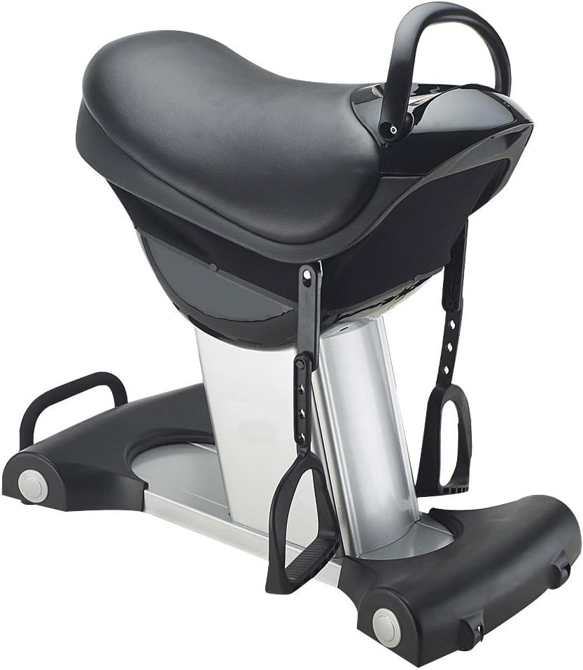 Black saddle-style horse riding exercise machine with a padded seat, silver metallic frame, and adjustable footrests for fitness equipment use.