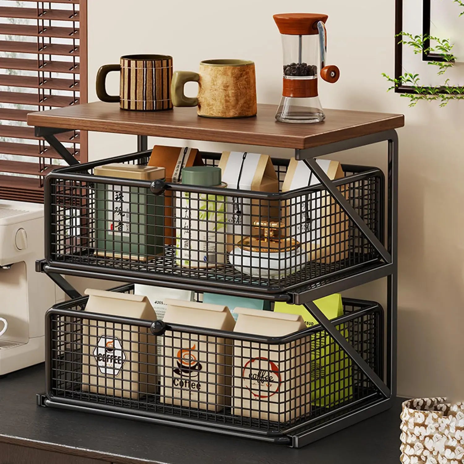 black metal wire mesh two-tier storage rack with wooden top surface designed as a coffee station organizer with counter shelf and drawer for efficient countertop storage.