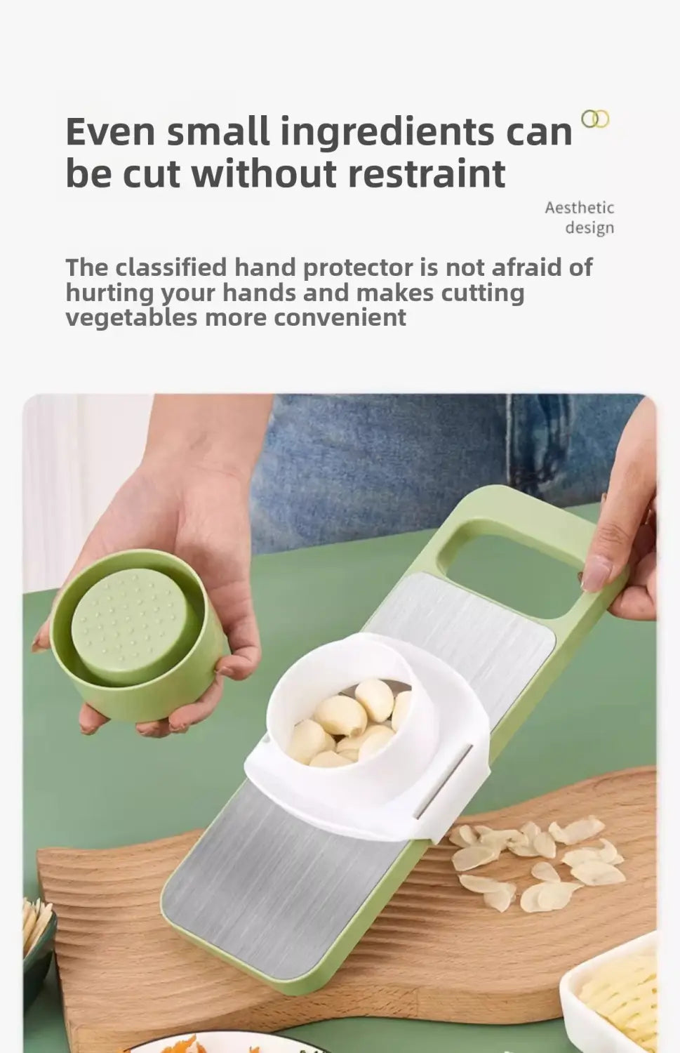 Green and white multifunctional handheld vegetable slicer shredder with stainless steel blade for efficient food preparation