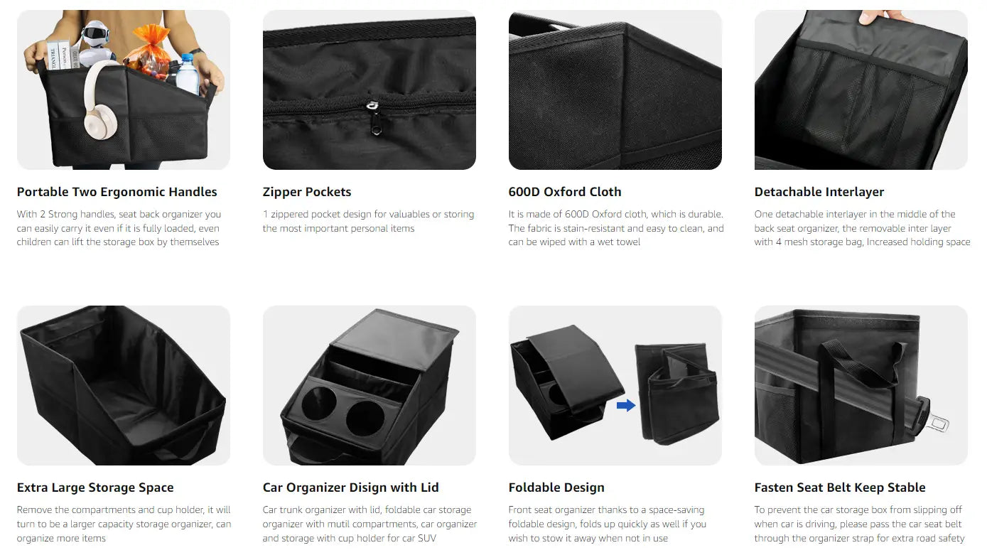 Organizador para el maletero del coche en tela Oxford 600D negra, con bolsillos con cremallera, entrecapa desmontable y diseño plegable para un almacenamiento eficiente del vehículo.