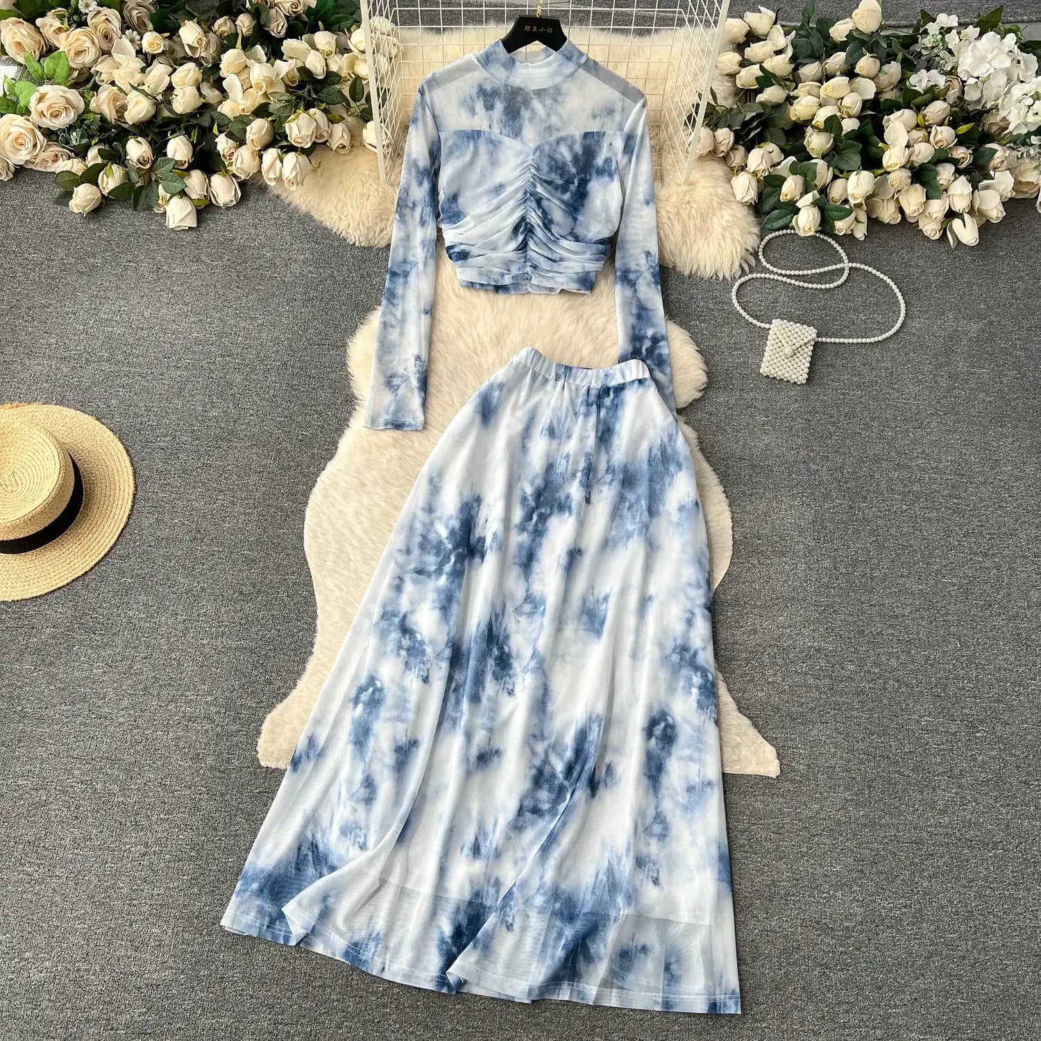 blue and white tie-dye two piece mesh skirt set marble print with ruched top and elastic closure type