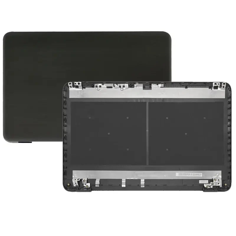 Zusammenbau der schwarzen Kunststoff-Laptop-Deckelbaugruppe für „hp 17-x“ mit silbernem Metallrahmen und interner Befestigungstechnik, von der Rückseite dargestellt, für den Austausch der Scharniere der LCD-Rückabdeckung