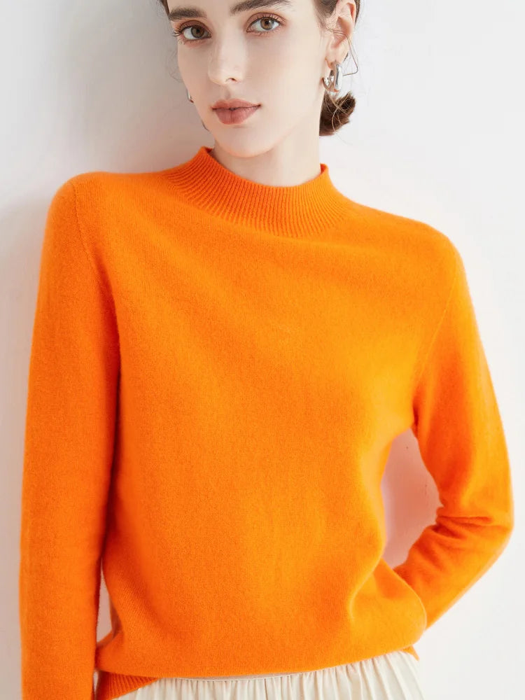 Women 100% Merino Wool Sweater For Autumn Winter  First Line Seamless Half-high Collar Pullover Basic Top OL Solid Soft Cashmere