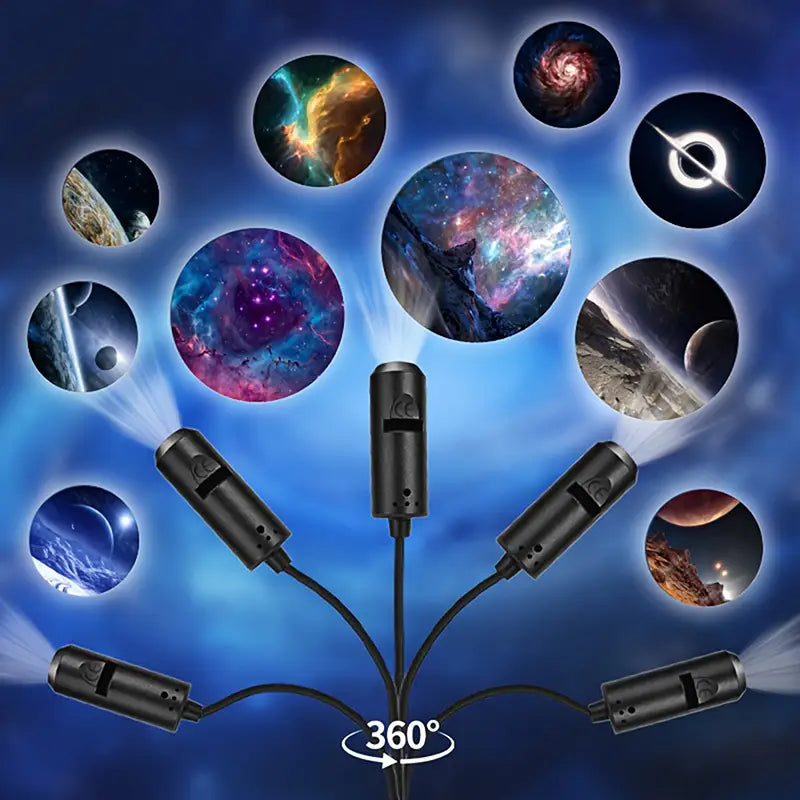 Black 360-degree led galaxy projection lamp with multiple arms projecting cosmic space scenes featuring 10 interchangeable slides.
