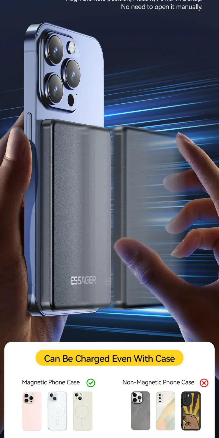 Essager wireless power bank magsafe 20w 5000mah with sleek silver magnetic phone case designed to seamlessly attach and charge your iphone without manual opening shown from the back side.