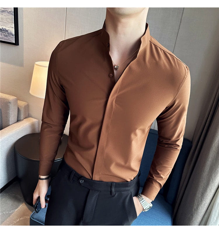 A sleek long-sleeved brown dress shirt with a modern stand collar and subtle vertical seam detailing designed for men seeking dress shirts in the correct size.