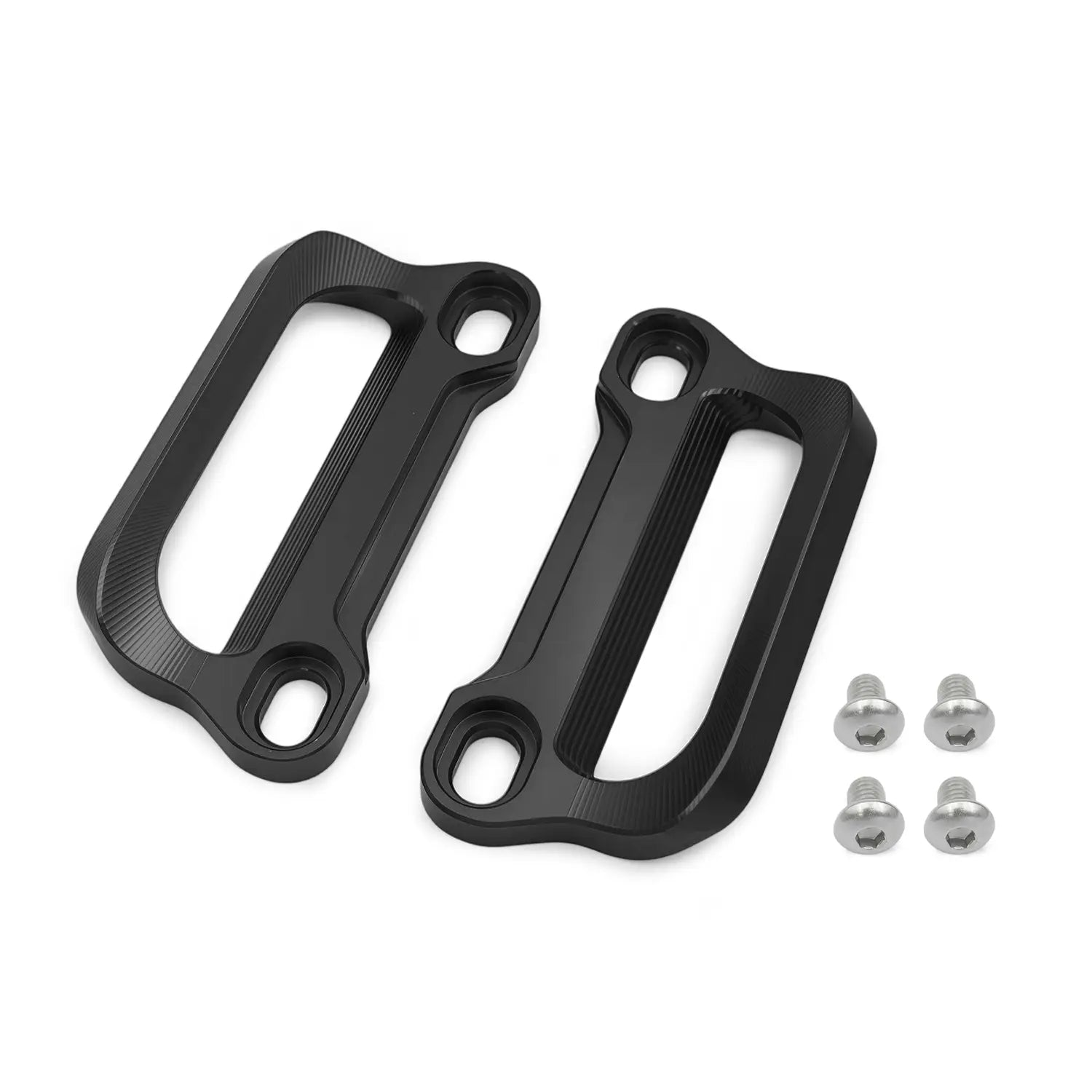 Schwarze eloxierte Aluminium-CNC-Gepäckträgergriffe für Cfmoto 675srr mit strukturierten, gerippten Motorradlenkergriffen und passenden silbernen Schrauben.