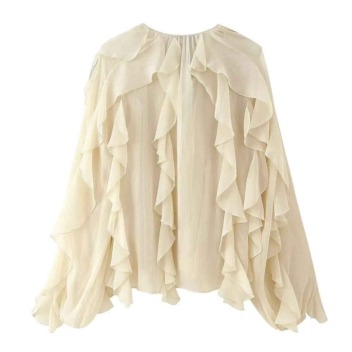 cream-colored long sleeve ruffle shirt long chiffon blouse with layered ruffles and gathered neckline