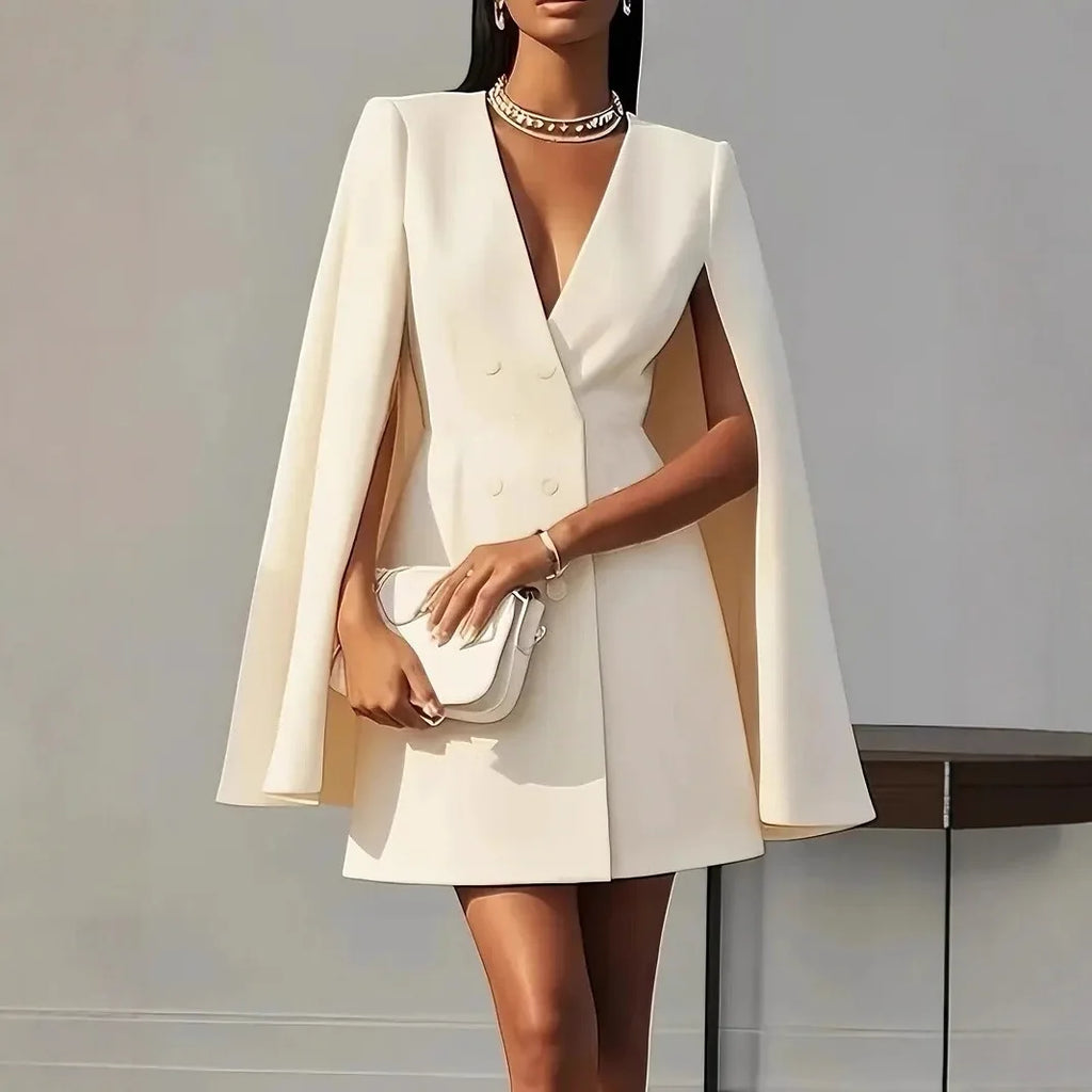 2025 Women Fashion Commuter Solid Blazers Dress Office Double Breasted Waist Party Dress Elegant V-neck Shawl Cape Sleeve Dress