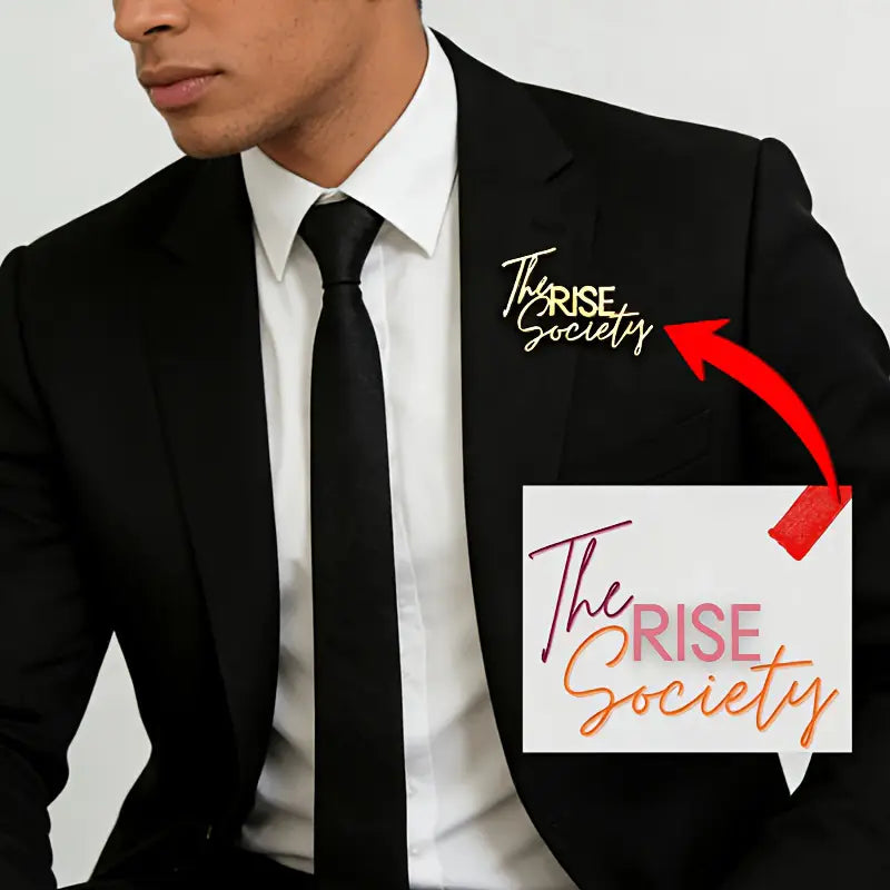 Custom signature logo brooch in gold and pink featuring a personalized metal pin for the rise society.