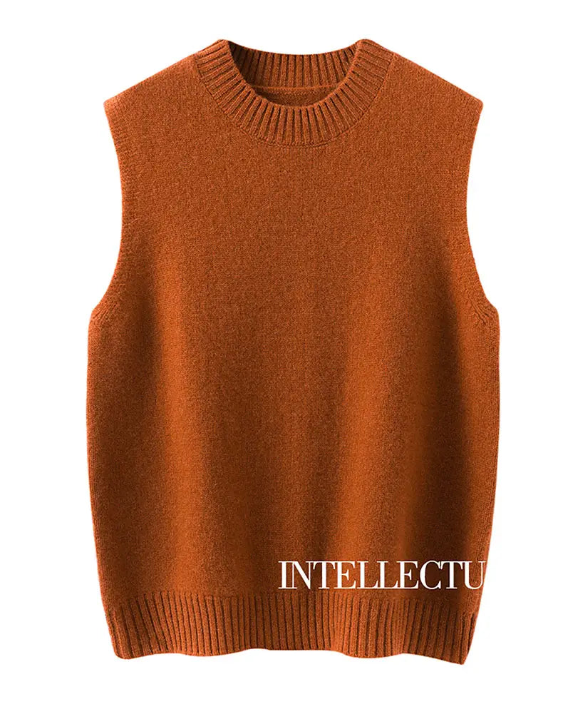 A warm rust-colored women wool knit vest featuring a ribbed knit sleeveless design with a classic crew neckline and hem ideal for casual wear.