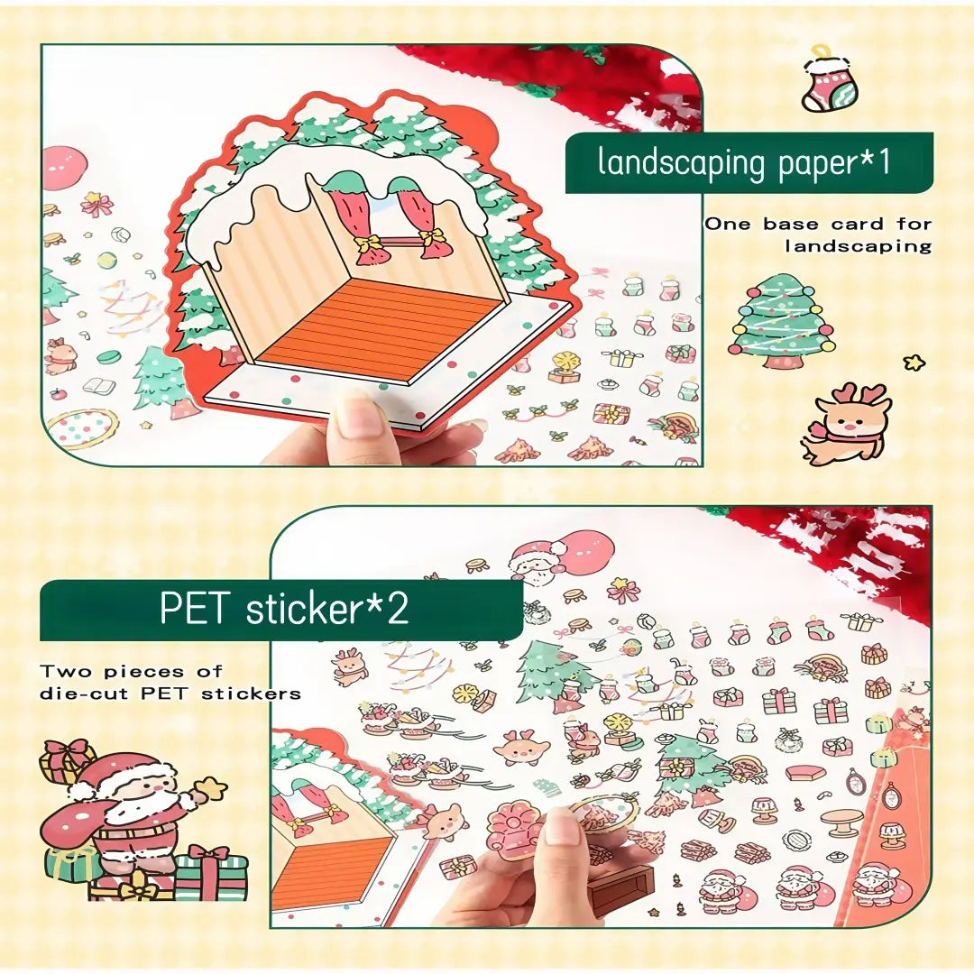 Ein festliches Papier im weihnachtlichen Thema für die Landschaftsgestaltung mit einer ausgestanzten Lebkuchenhaus-Form und passenden Haustieraufklebern mit dem Weihnachtsmann, Rentieren und weihnachtlichen Dekorationen aus dem Weihnachts-Kinderfilm-Sticker-Set für festliche Dekoaufkleber für das Weihnachtsjournal.