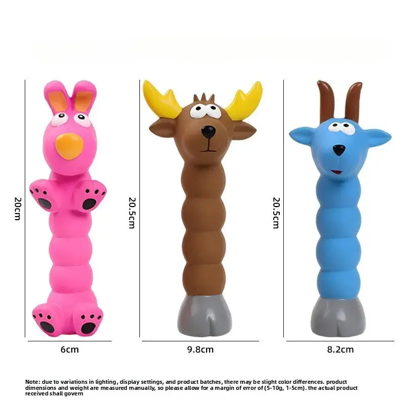 ピンクのうさぎ、茶色のヘラジカ、青い山羊をそれぞれあしらった、ラテックス製の色鮮やかな柔らかい動物型のインタラクティブな犬用噛むおもちゃが3つ。分節状の胴体を備え、漫画のスイーク（鳴き）おもちゃとして設計されています。
