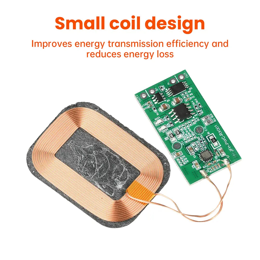 A compact rectangular 5w wireless charging receiver module for 3.7v battery with copper wire winding and black adhesive backing shown from the back side.
