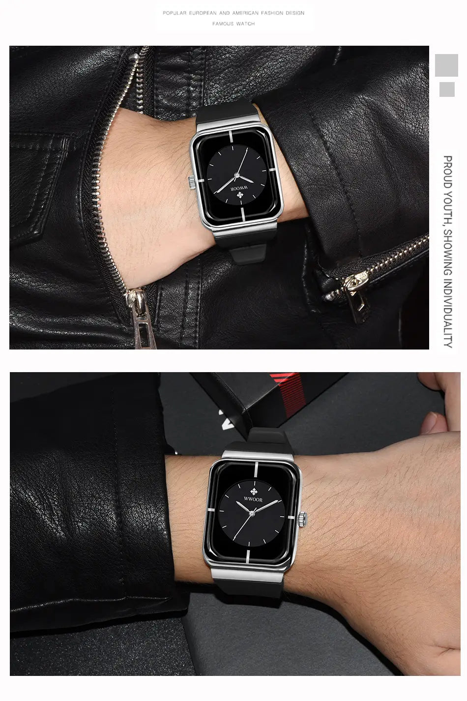Wwoor gold rectangle quartz watch with a black rectangular face, silver-toned case, and black strap featuring a minimalist design.