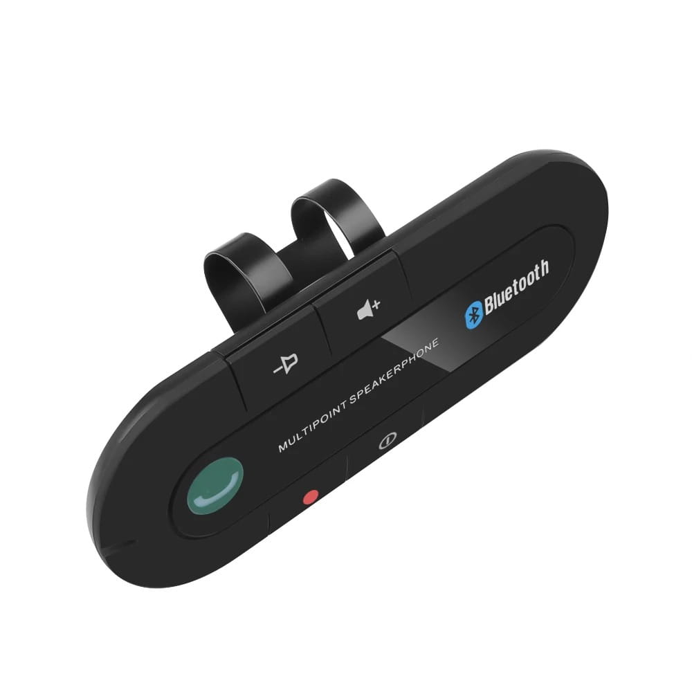 Black plastic bluetooth multipoint speakerphone with a clip for mounting in a car visor in a bluetooth car speakerphone wireless visor kit.