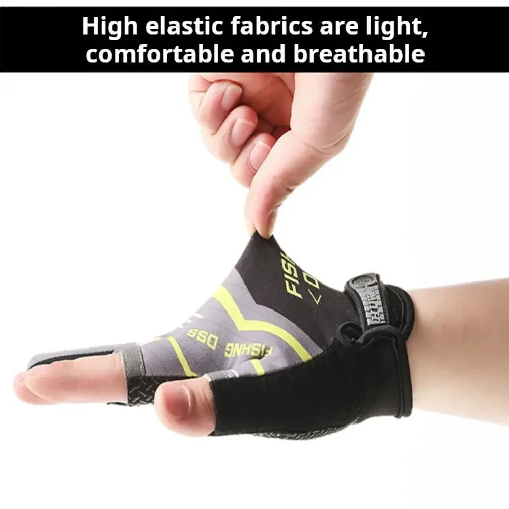 black and neon yellow ice silk three finger fishing glove with gray accents and a snug elastic fit shown from the back side