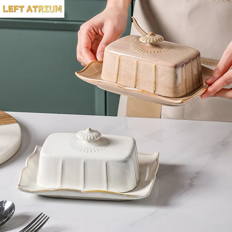 Ceramics Tableware Butter Box with Lid Butter Dish Cheese Plate Dinner Plate Baking Butter Pan Dim Sum Dish Cake Pan Snack Tray