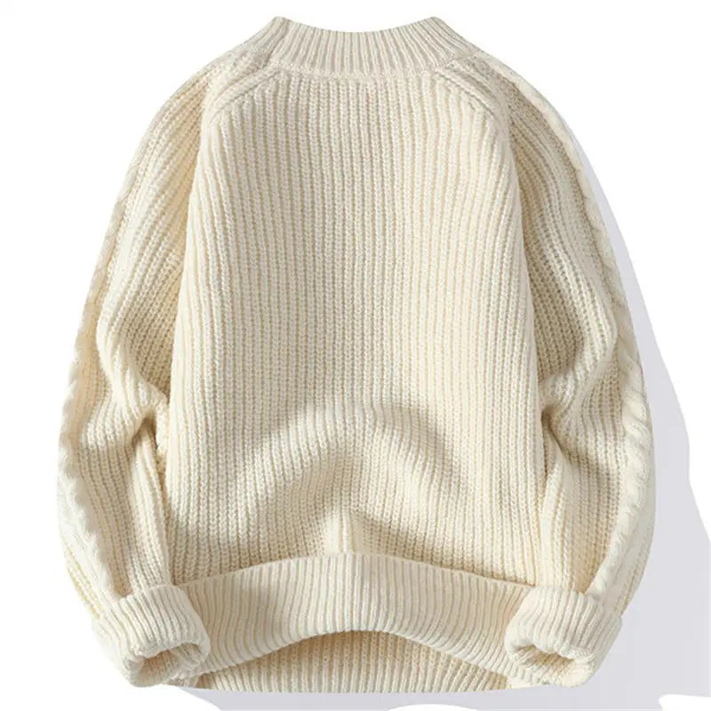 Crèmefarbener Strickpullover mit Rippenstruktur, entspannte Passform und lange Ärmel, konzipiert als Herren-Strickpullover, einfarbig, legerer Winterpullover.