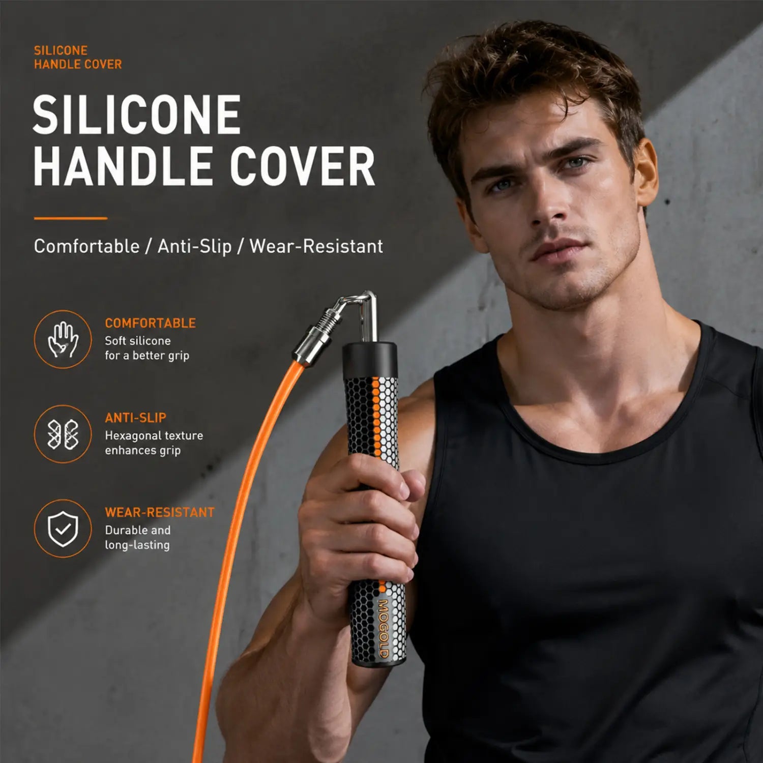 Black silicone handle cover with hexagonal texture and orange accent stripes designed for comfort and grip on a weighted jump rope for fitness and boxing.