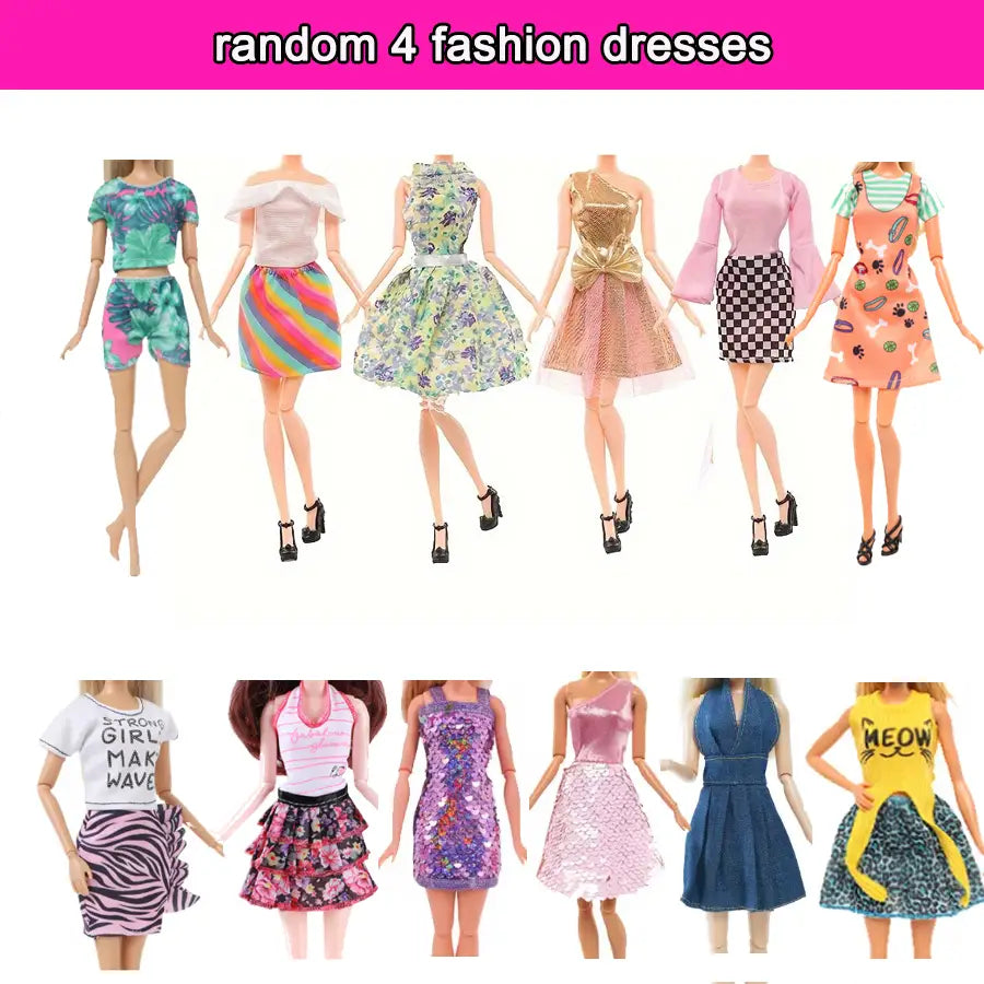 64ピースのドール服およびアクセサリーセットに含まれる、花柄、スパンコール、単色、ストライプ、遊び心のあるデザインを特徴としたバービー人形用のカラフルなファッションドレス10点セットです。