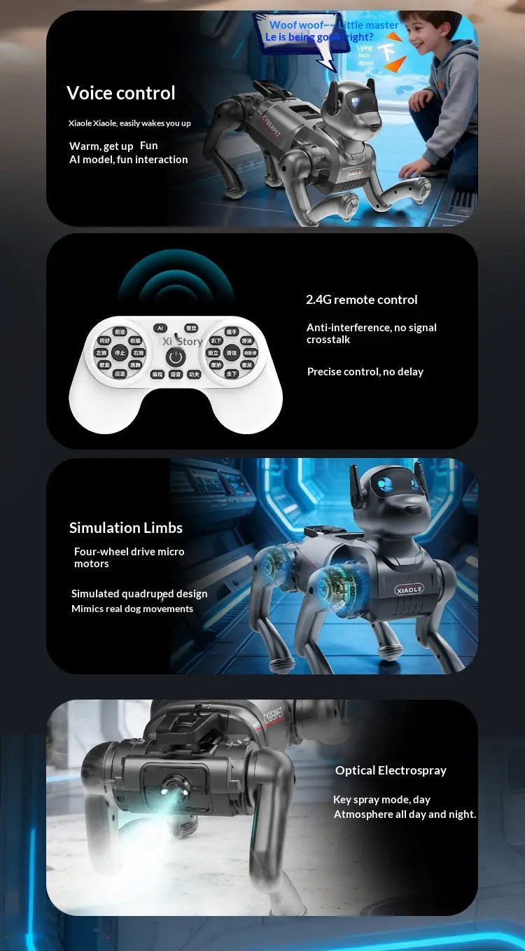 Ai smart robot dog interactive electronic pet silver with articulated limbs and glowing blue accents designed to mimic real canine movements.