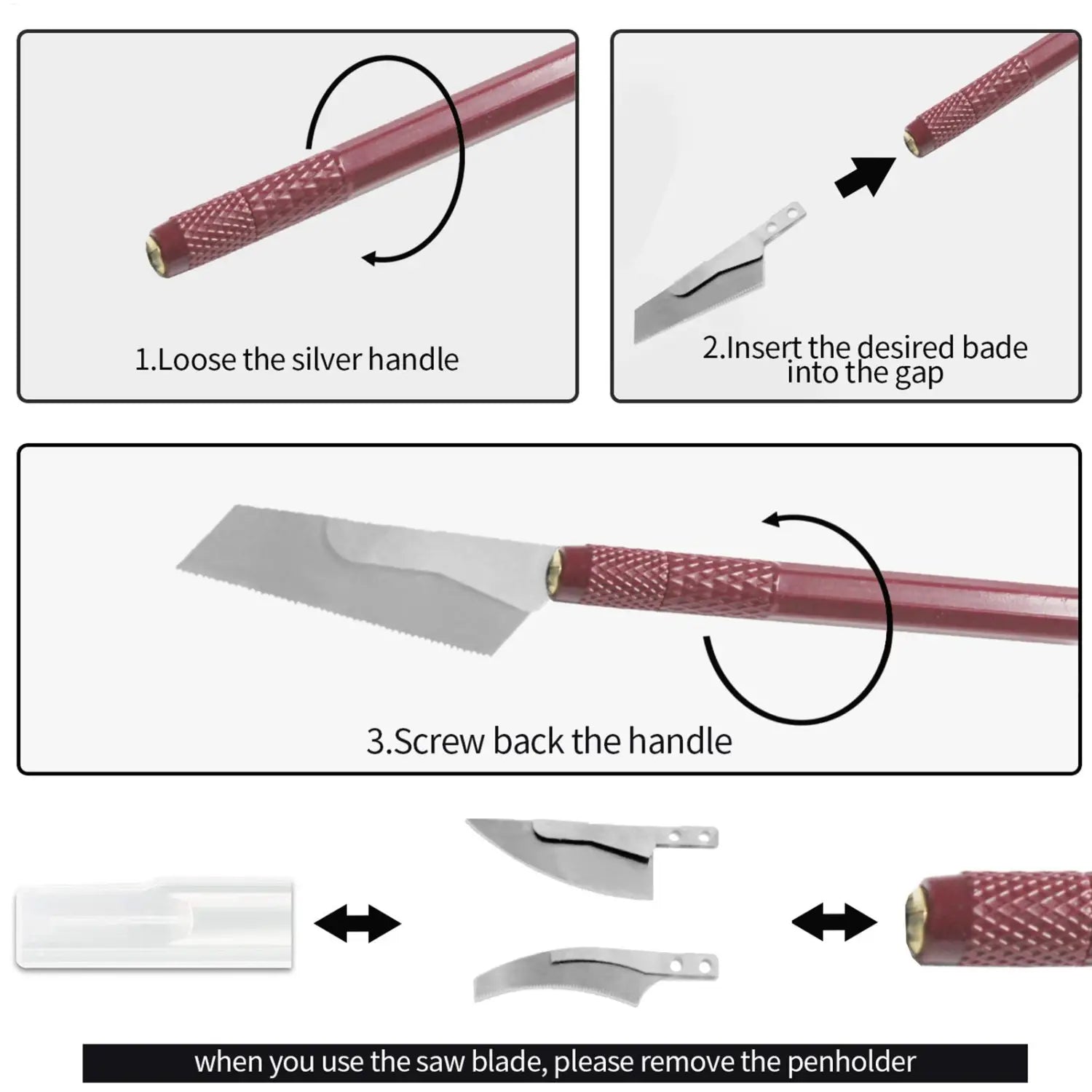 model craft hand saw kit with four interchangeable silver blades and a maroon textured handle designed for precision cutting