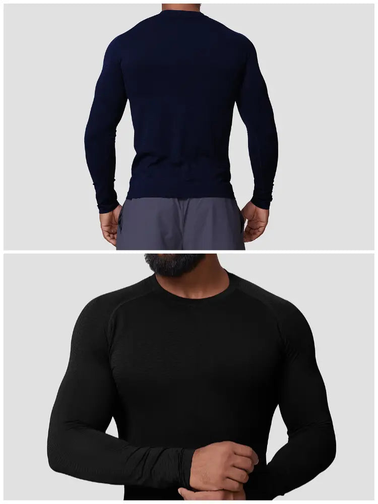 Men’s quick dry long sleeve athletic fishing shirts in navy blue and black designed as base layers for enhanced performance.