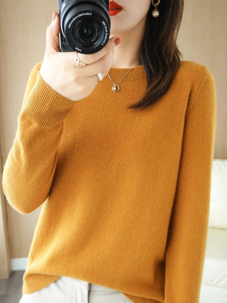 Autumn Winter Women Wool Sweater O-neck Long Sleeve Pullover Basic Casual Loose Style Famale Clothing Merino Wool Knitwear Tops