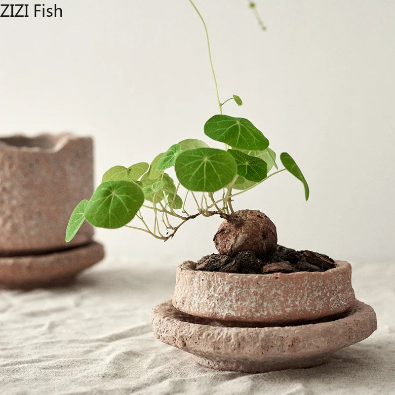 Handmade Ceramic Flower Pot with Base Tray Green Plant Pots Flower Vase Garden Pots Planters Desktop Flowerpot Garden Supplies