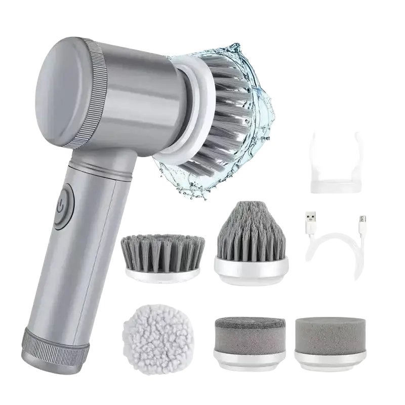 Silver electric spin scrubber cordless cleaning brush with interchangeable gray bristle heads and sponge attachments