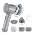 Silver electric spin scrubber cordless cleaning brush with interchangeable gray bristle heads and sponge attachments