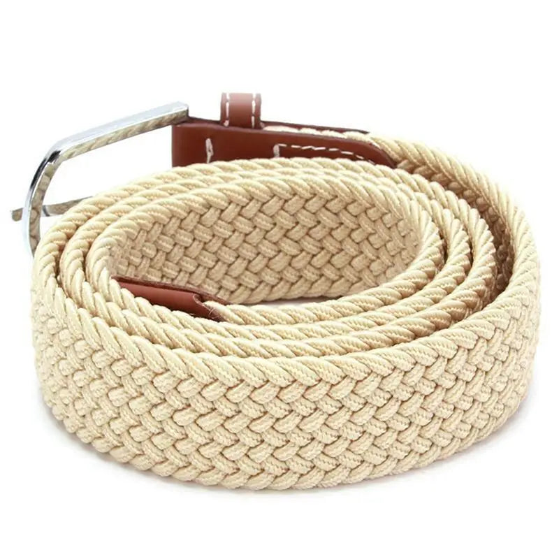 Beige woven rope tactical canvas belt with a silver-toned buckle and brown leather accents designed for adjustable outdoor men’s waistband use.
