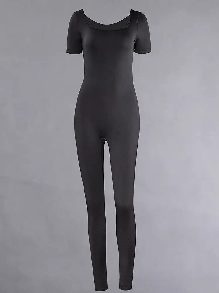 Mono jumpsuit bodycon ajustado de manga corta y cuello cuadrado en negro para mujer.